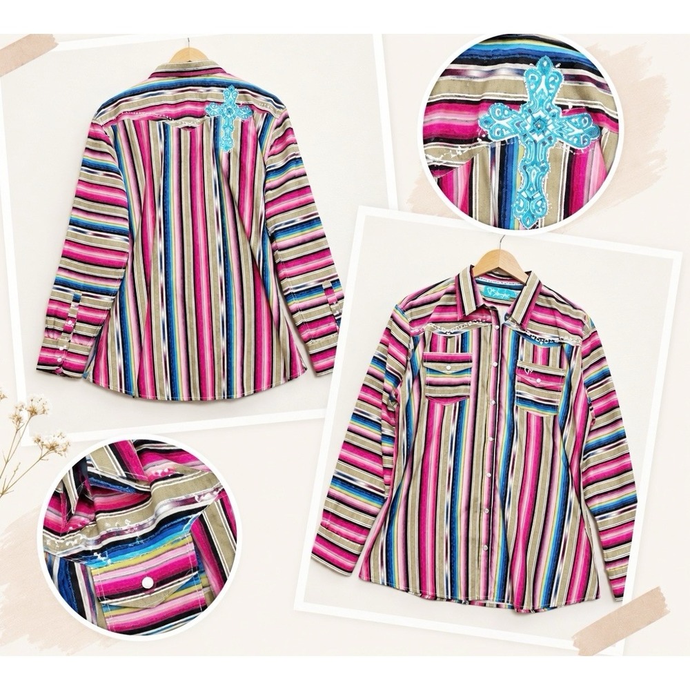 Cowgirl Hardware Western Shirt Women XL Striped Pearl Snap Rhinestone Rodeo